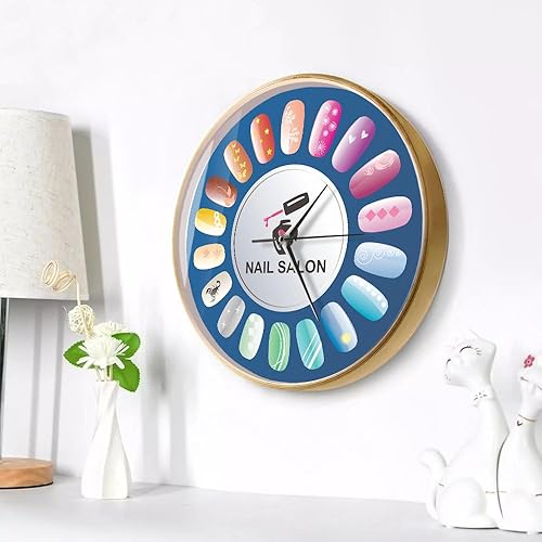 Miniatura 9 de Reloj de pared de salón de uñas de 12 pulgadas con marco de madera, silencioso sin tictac, funciona con pilas, esmalte de uñas y cuidado de dedos