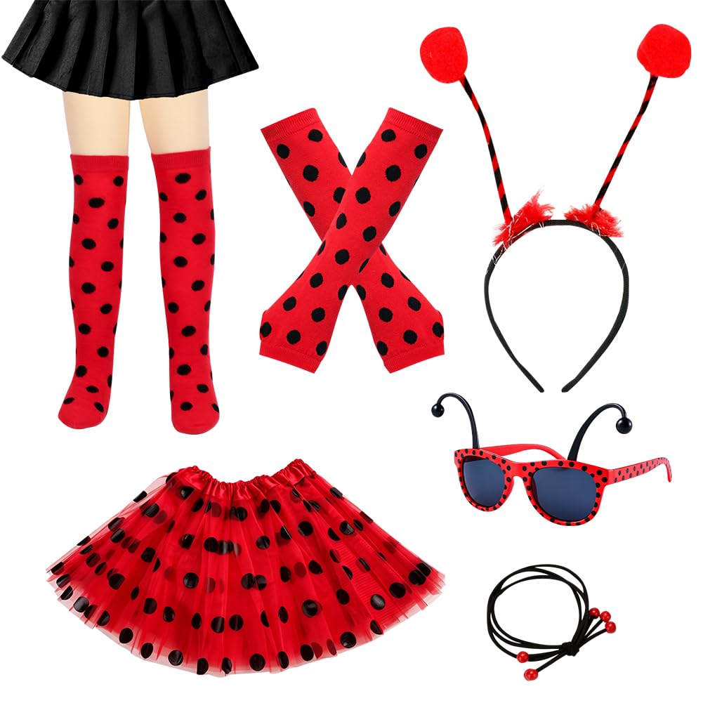 Ladybird Costume for Kids, Spotty Ladybird Fancy Dress for Girls Kids Cosplay Costume Spotty Sets Spotty Tutu with Accessories Arm Covers Leg Warmers Headband Hair Tie and Glasses for Halloween Dress — image 1