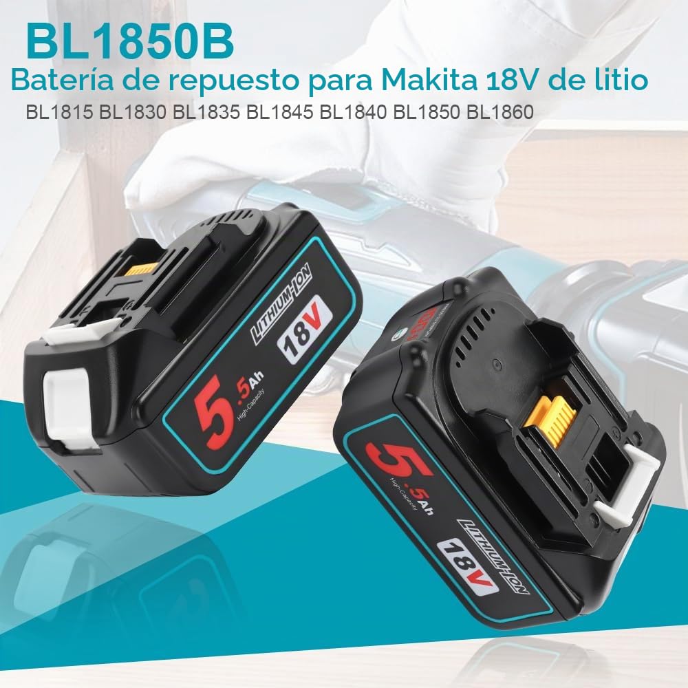 Powarobor 2 Packs BL1850B 18V 5.5Ah Li-Ion Batería Compatible con Makita 18V Herramientas Eléctricas Sin Cable, 5500mAh Batería de Ion Litio BL1850 BL1860 BL1830 BL1830B BL1840 BL1840B | BL1850 BL1860 BL1860B BL1840 BL1840B BL1845 BL1815 LXT-400 Herramien