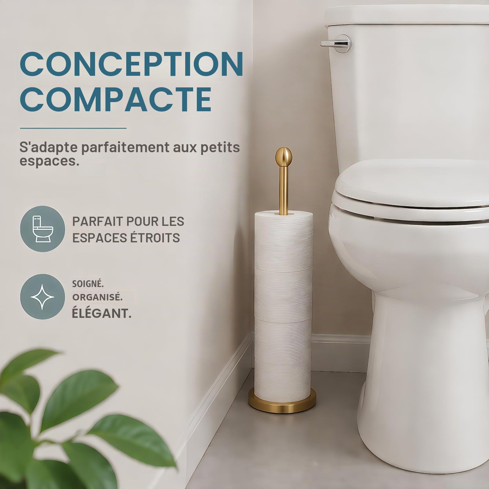 Songtec Support de Papier Toilette doré avec réserve, Support de Rouleau de Papier Toilette sur Pied pour 4 Rouleaux, Design Compact pour Salle de Bain – Doré