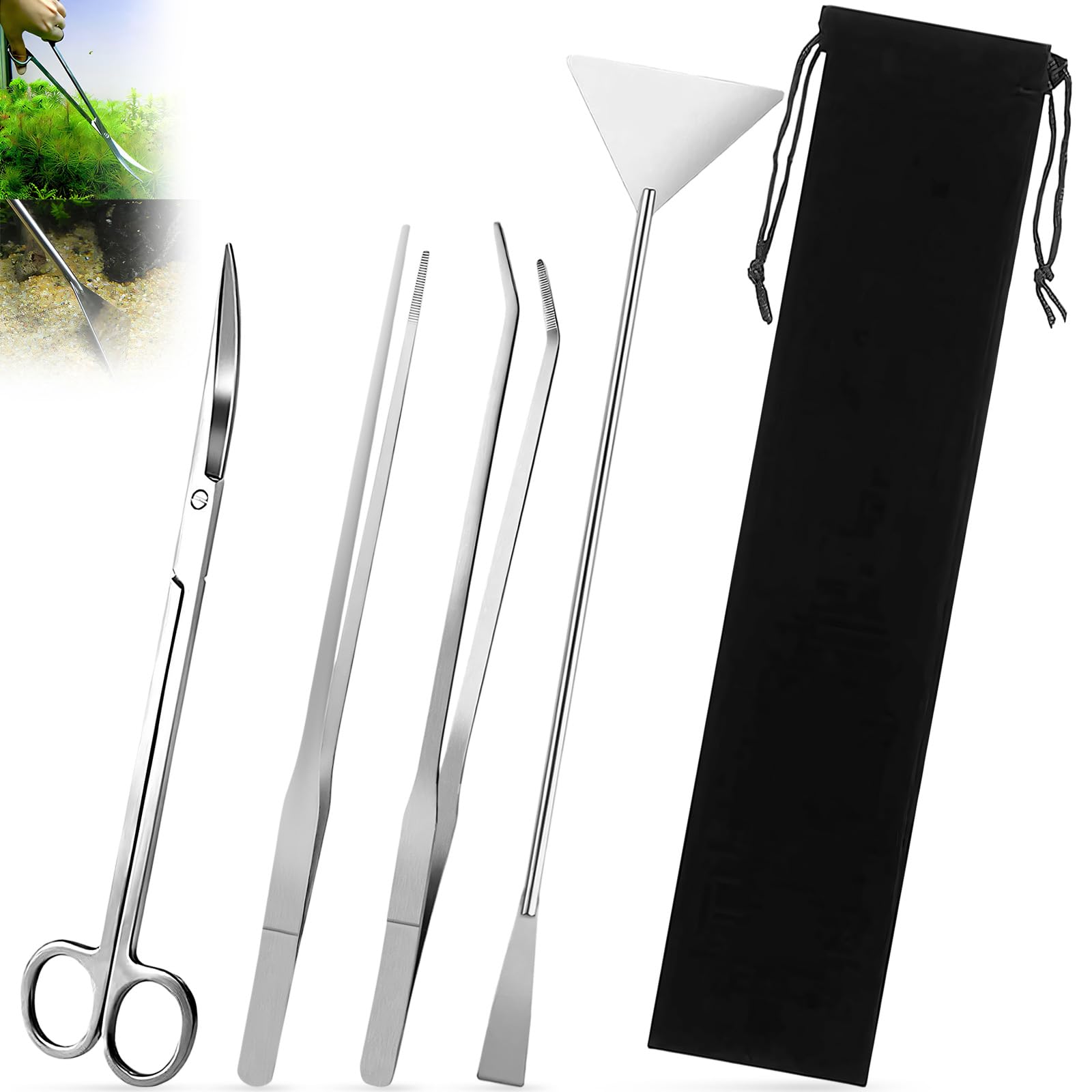 4 in 1 Stainless Steel Terrarium Tools with Storage Pouch, Aquarium Long Tweezers Scissors Spatula Tool Set, Aquatic Plant Aquascaping Tool, Fish Tank Cleaning Starter Kit for Aquariums Plants Tank