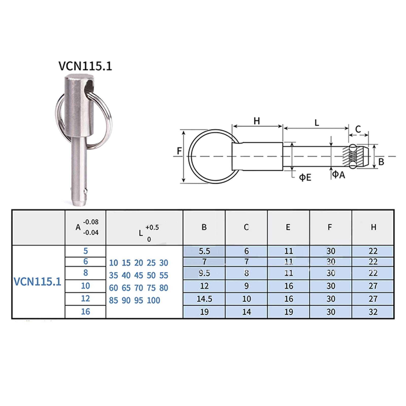 Spina di rilascio, 1 perno a sgancio rapido VCN115.1 in acciaio inox nichelato, resistente e a sgancio rapido (115,1-5-50 mm)