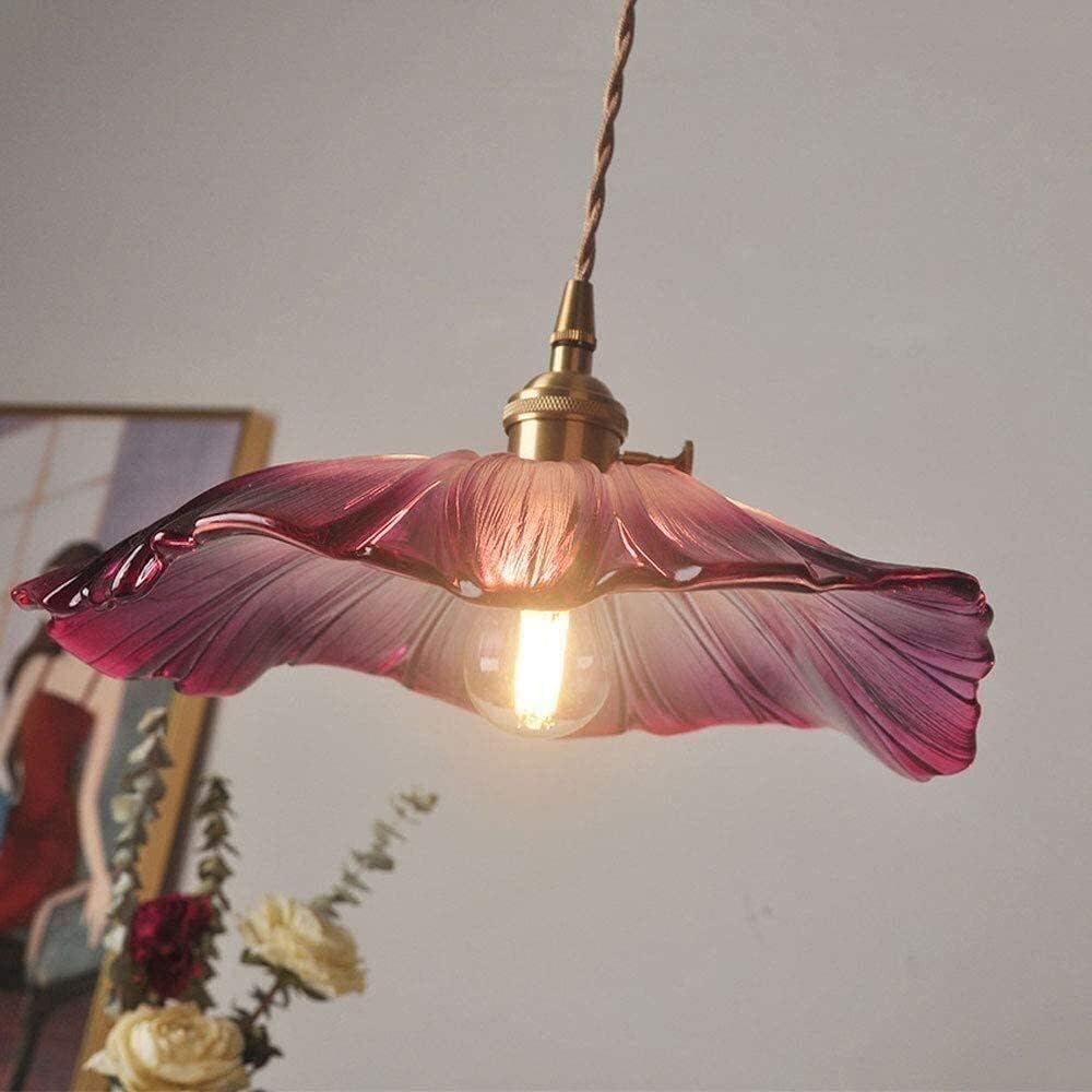Lampy wiszące na stół w stylu retro Rodzaj kwiatu Szklany abażur Oświetlenie Liść lotosu Szklany żyrandol Mosiężna oprawka E27 Lampa sufitowa Kuchnia Obszar wiejski Restauracja Salon Wisząca lampa