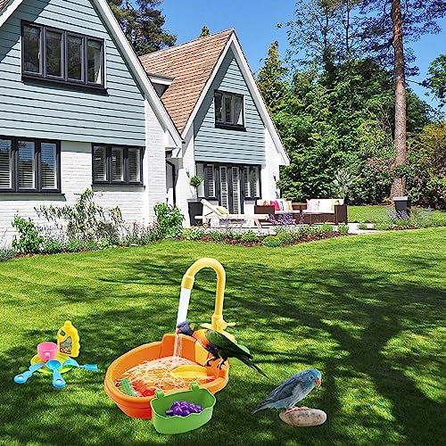Image of Parrot Bath Shower, Bird Bath for Cage, Automatic Bird Bathtub Pet Bath Pool with Faucet, Bird Fountain Swimming Pool Toy Bath Shower Water Dispenser for Ferret, Love Bird, Goldfinch (Orange)