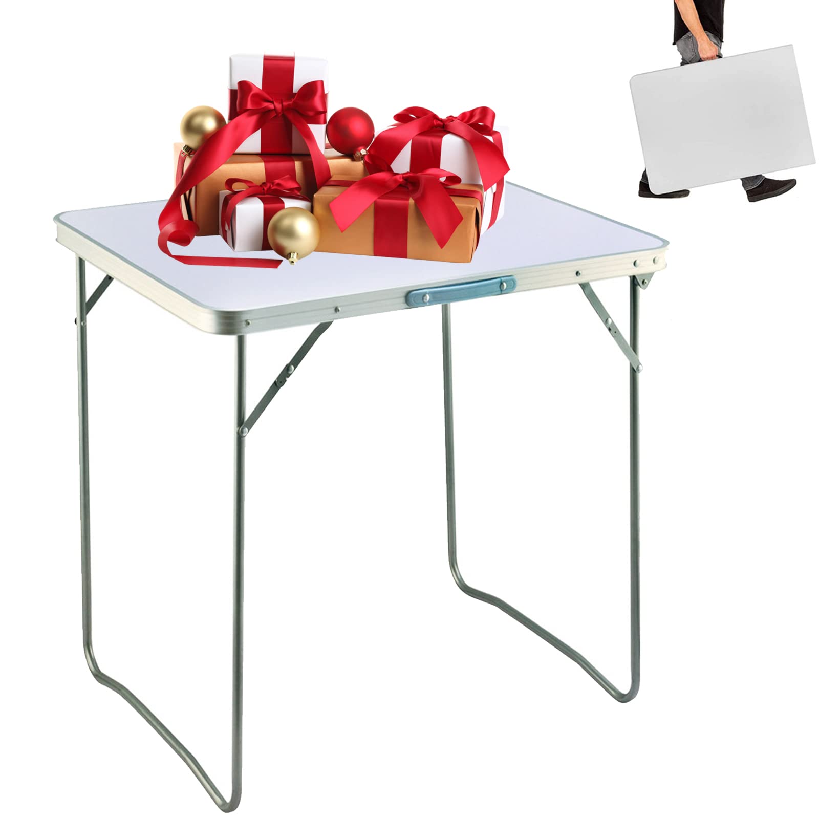 Stoły piknikowe 80 cm z uchwytem do noszenia, biały, przenośny, składany, wytrzymała aluminiowa torebka stołowa, rozmiar kompaktowy, do jadalni, straganów, aktywności na świeżym powietrzu