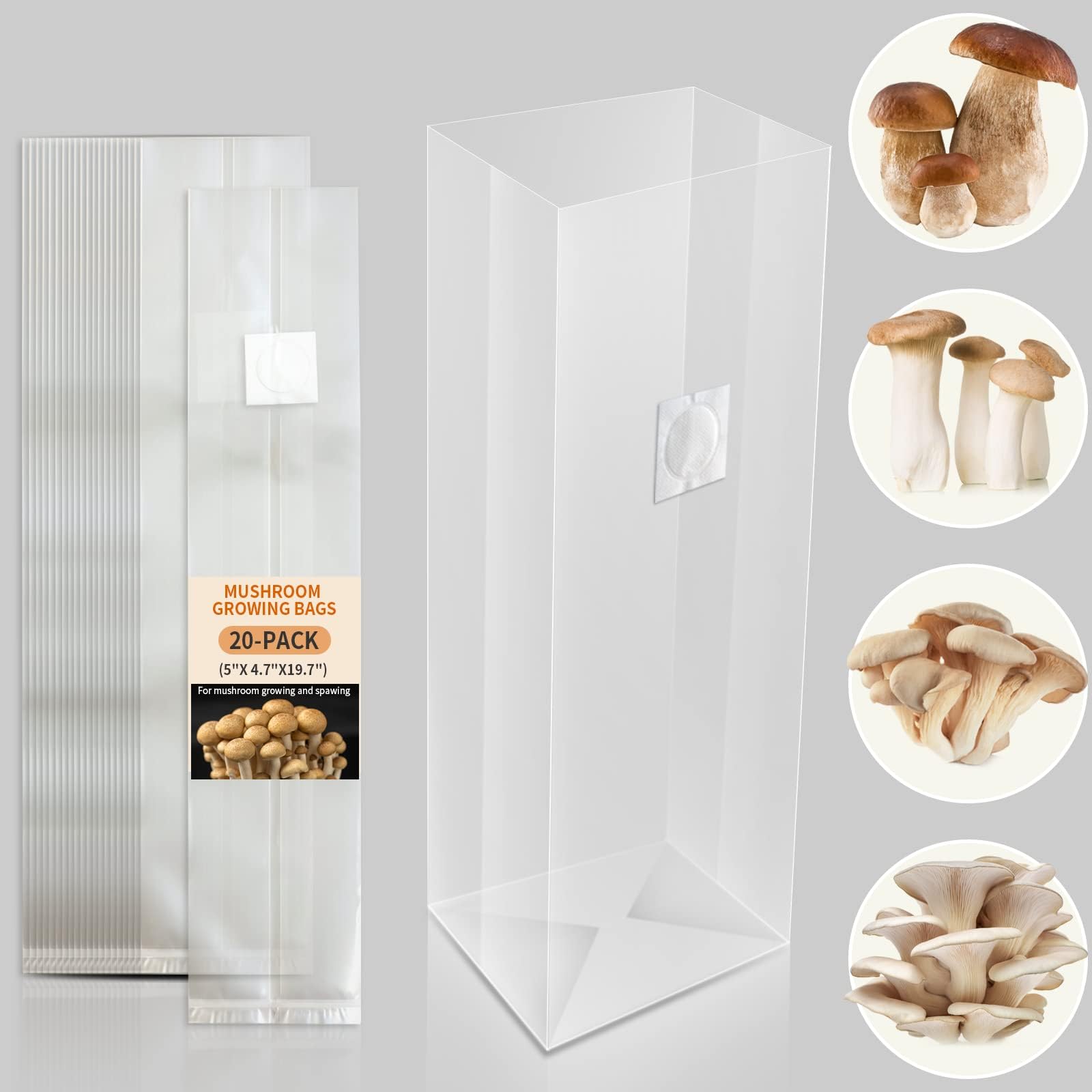 Mushroom Grow Bags, 6 Mil Mushroom Spawn Bags, Mushroom Grwoing Grain Bags for Mushrooms Substrate Cultivation, 5" X 4.7" X 19.7" Mushroom Bags Kit for Outdoor Indoor (20 Pack)