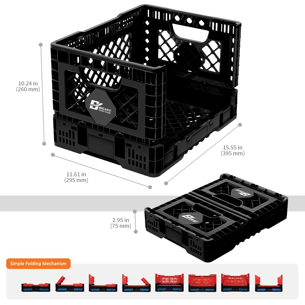 Bigant Heavy Duty Collapsible & Stackable Plastic Milk Crate - Snap Lock Foldable Industrial Garage Storage Bin Container Utility Tote Basket (Black, 1 Small Crate)