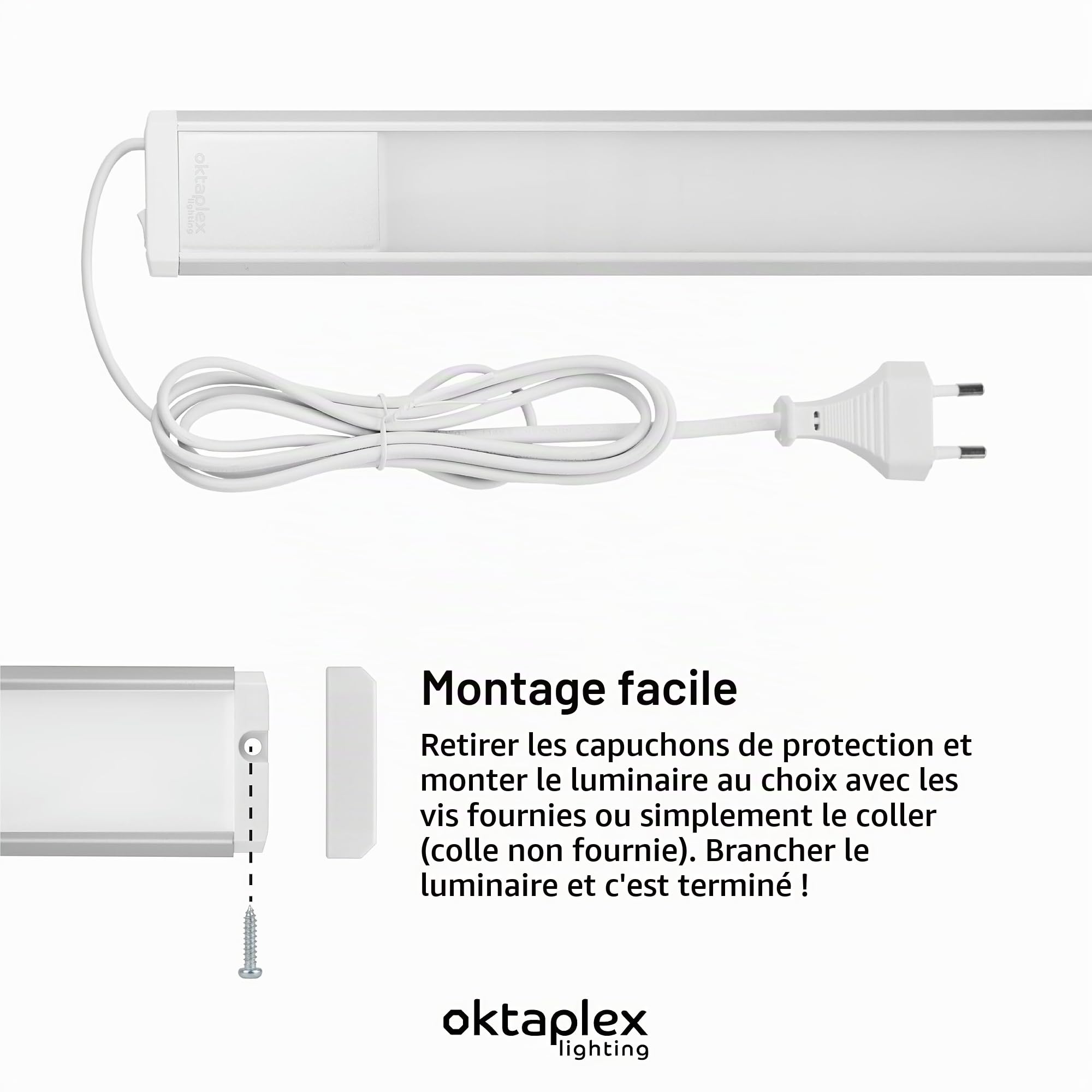 Oktaplex lot de 1 Riva réglette LED cuisine 120 cm | 15 W avec 1150 lm en blanc neutre 4000K sur 230V, aluminium, avec interrupteur