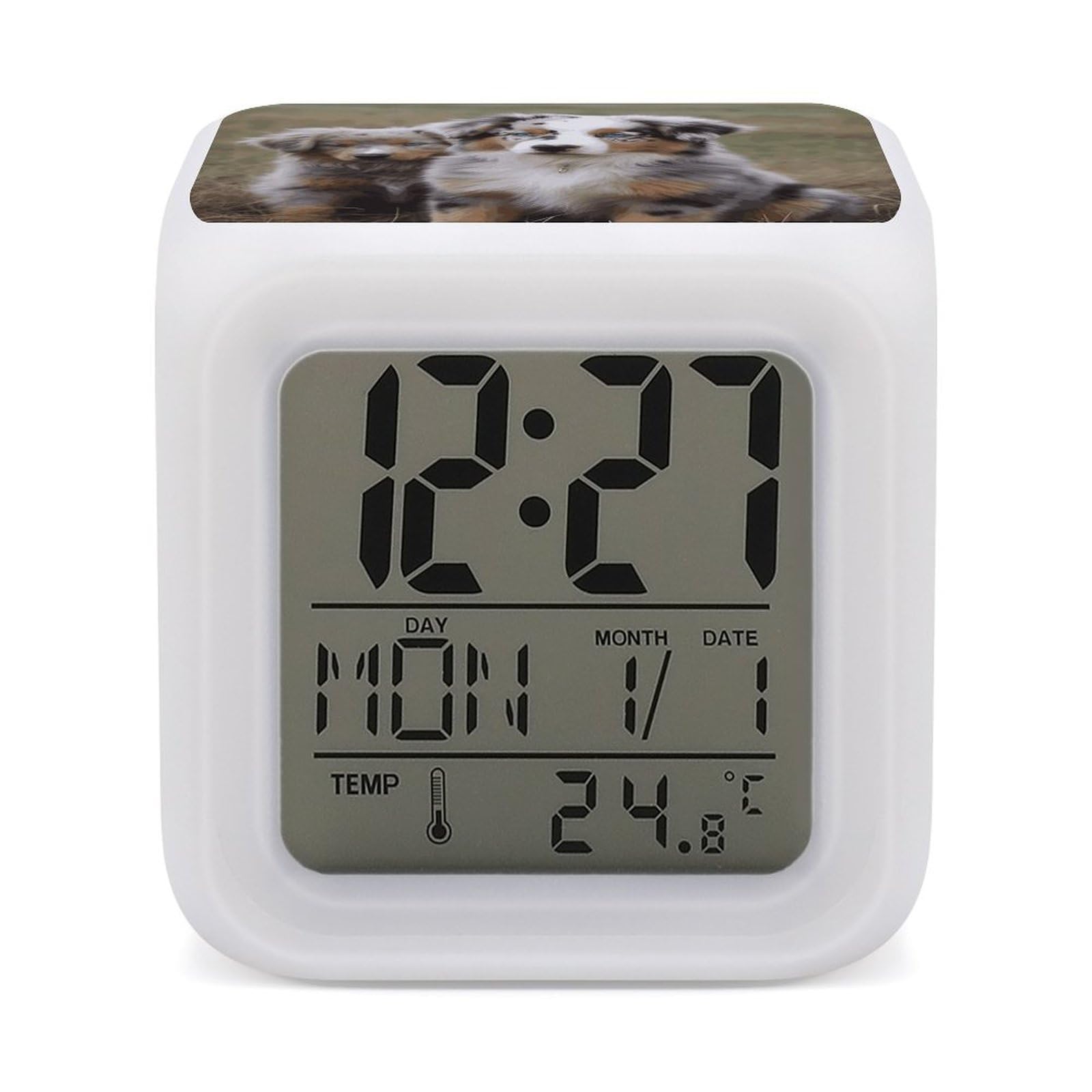 JTREHY 7 Color Changing LED Digital Alarm Clock,Australian Shepherd Printed Wake-up Clock with Temperature Display Home Decoration Alarm Clock for Bedroom Office