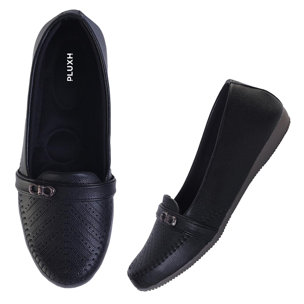 pluxh Women's Textured Belly Flats with Metal Accent | Comfortable Slip-On Shoes for Women | Lightweight Everyday Footwear for Office, College, Travel & Casual Wear-picture-17