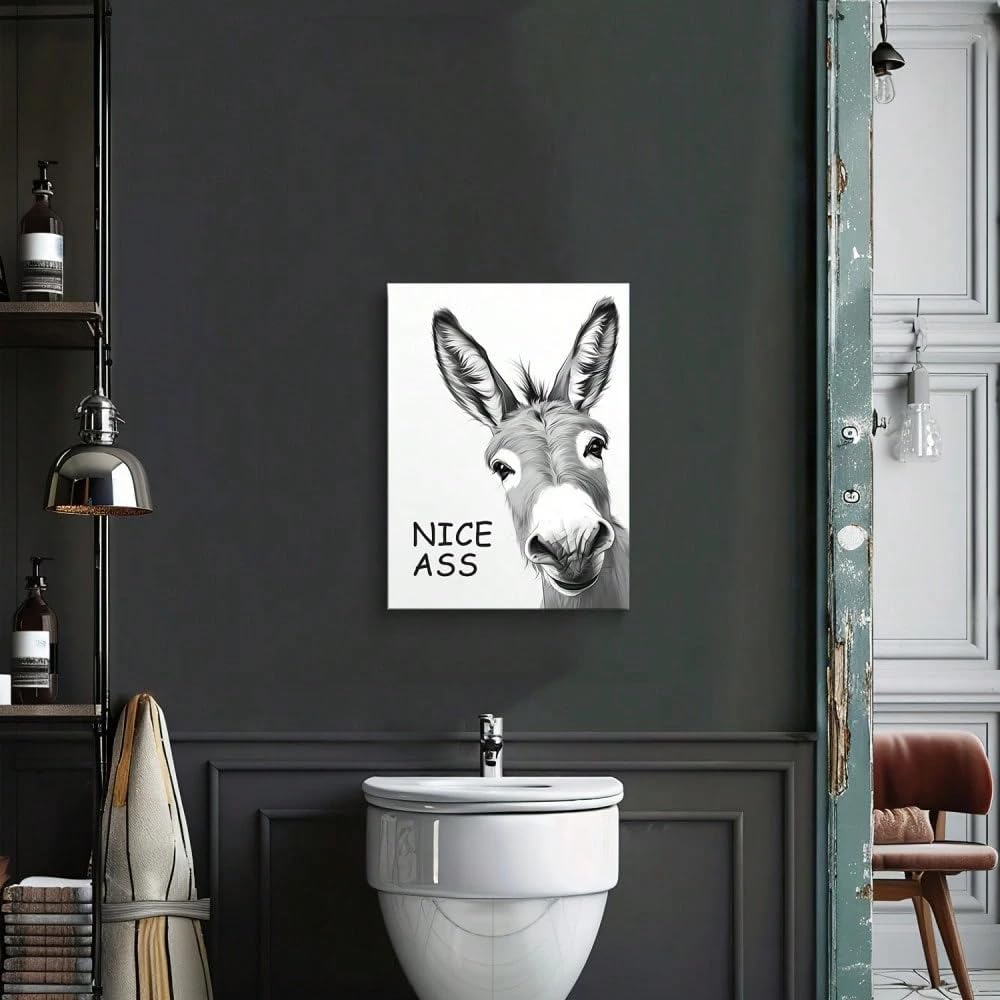 UUDEZO Cuadro decorativo de burro para baño - Divertidas imágenes en blanco y negro para la decoración del baño (80 x 125 cm (32 x 49 pulgadas) con marco)