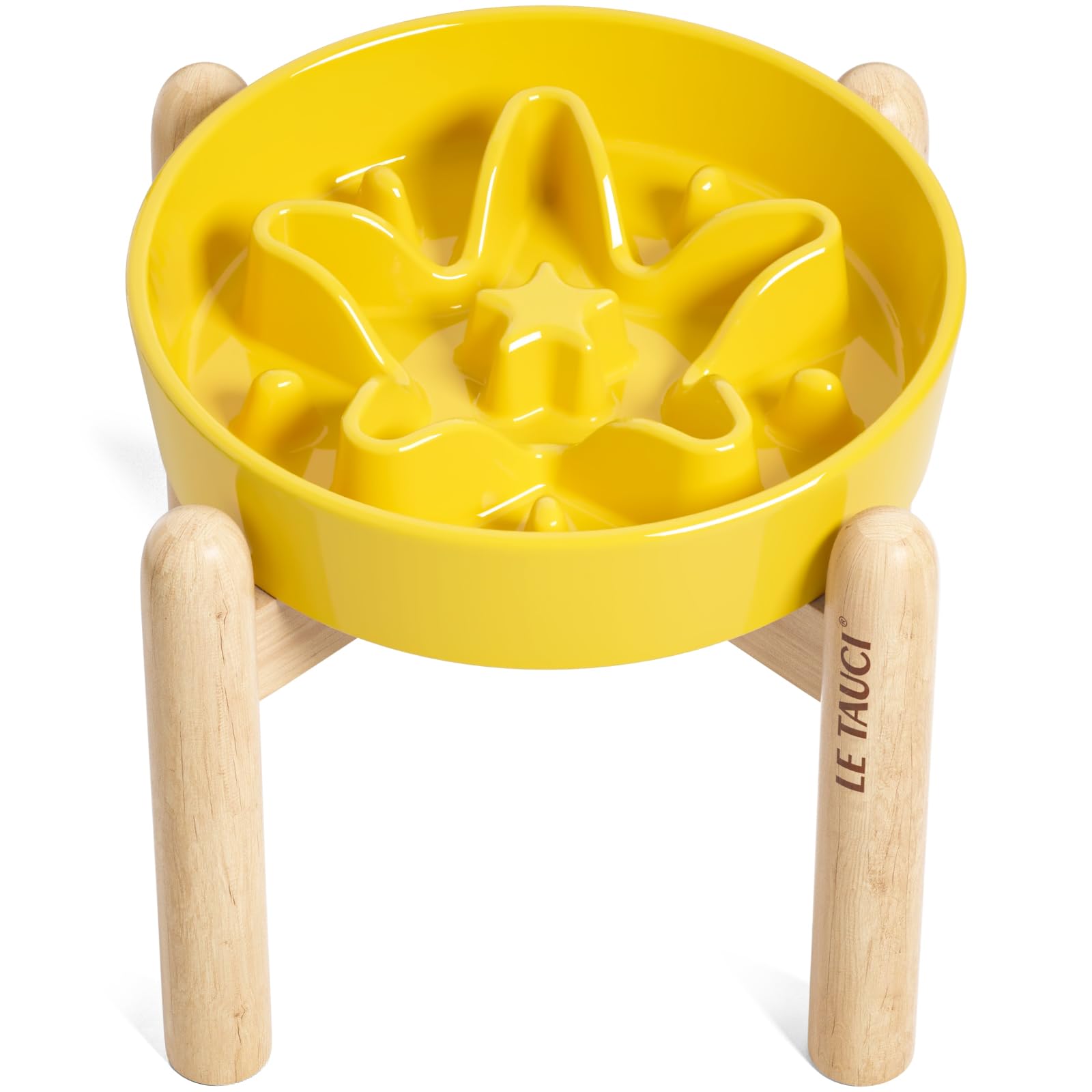 LE TAUCI Ceramic Slow Feeder Puzzle Bowl Elevated 1.5 Cup with Wooden Stand for Small & Medium Dog, Fast Eater Food Bowl, Star Yellow