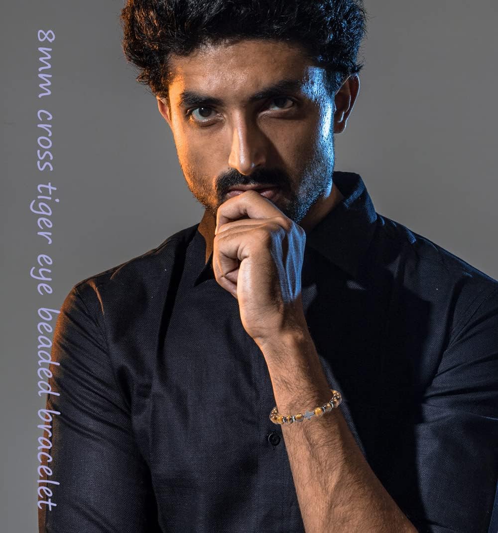 SAMOCO 12Pcs Natural Stone Beaded Bracelets for Women Men Semi-Precious Gemstones Crystal Bracelets Easter Basket Stuffers Cross Beaded Bracelet Unisex Adjustable Stretch Bracelets 8MM - Image 4