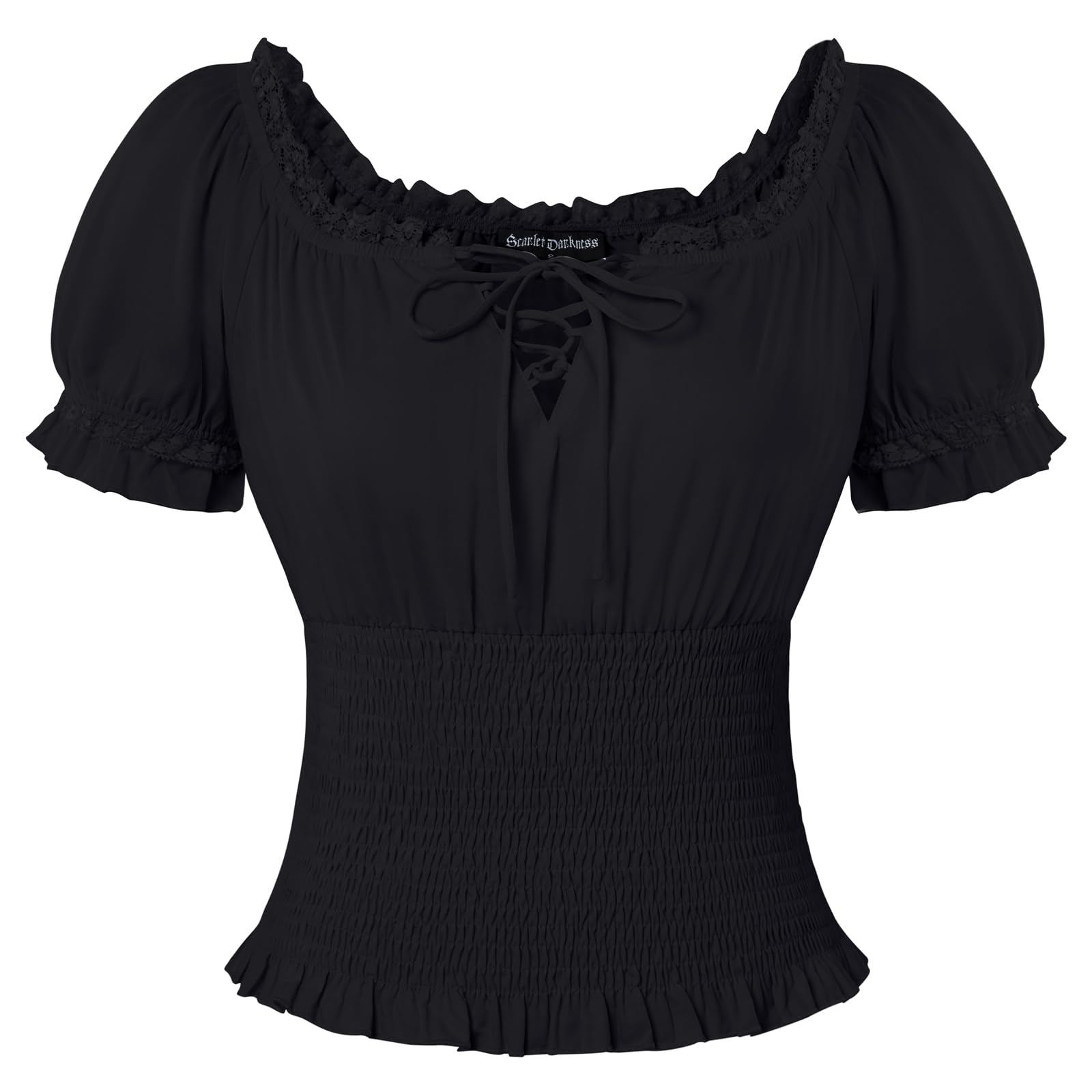 SCARLET DARKNESS Damen Renaissance Trachtenbluse Schulterfrei Gesmokte Bluse Baumwolle Mittelalter Tops