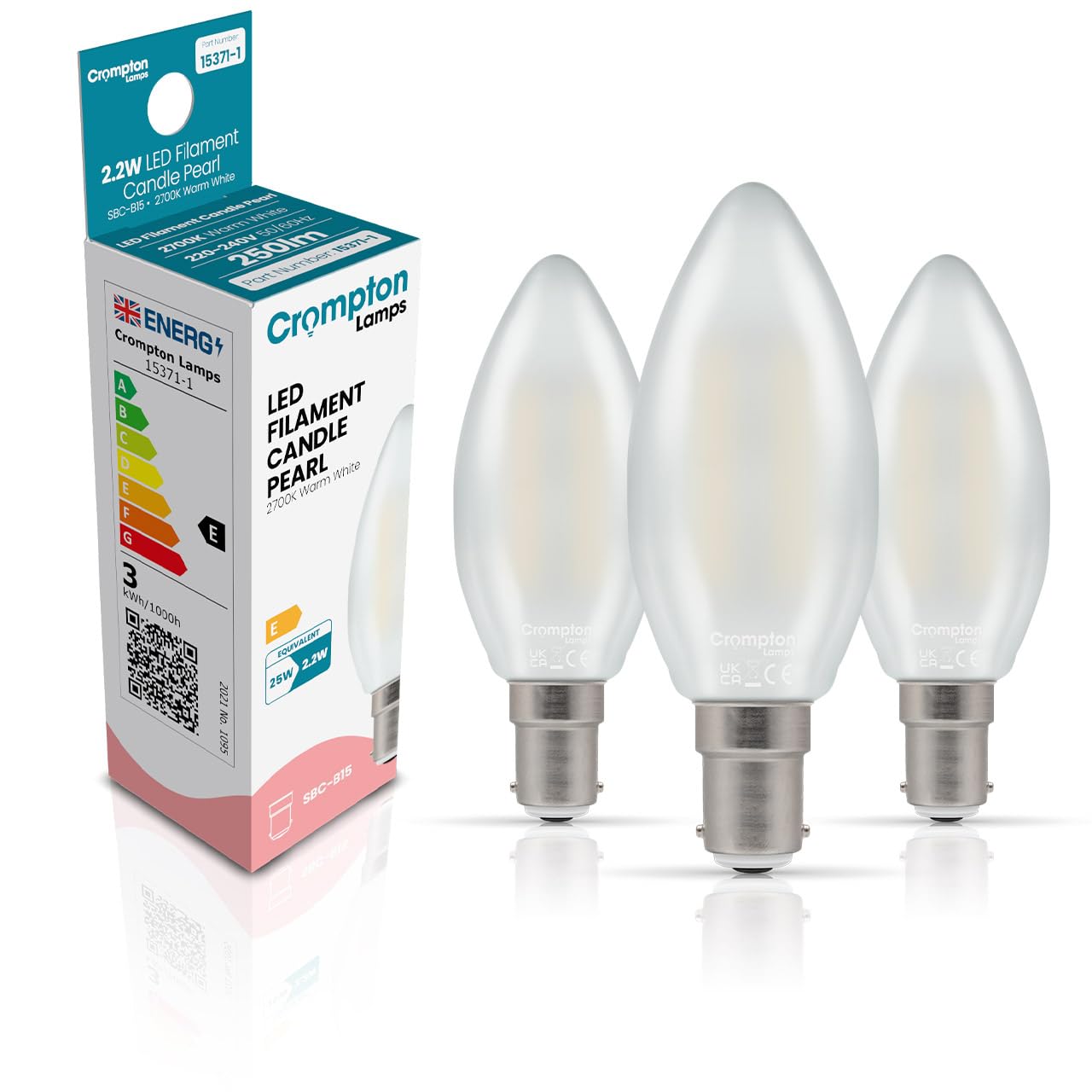 Crompton Lamps Filament Candle LED Light Bulb SBC-B15d | 2.2W = 25W Equivalent | Warm White 2700K | Energy Efficient | Small Bayonet Lightbulb | Long Life 15000-Hrs | Pearl Glass | Dimmable | 3-Pack