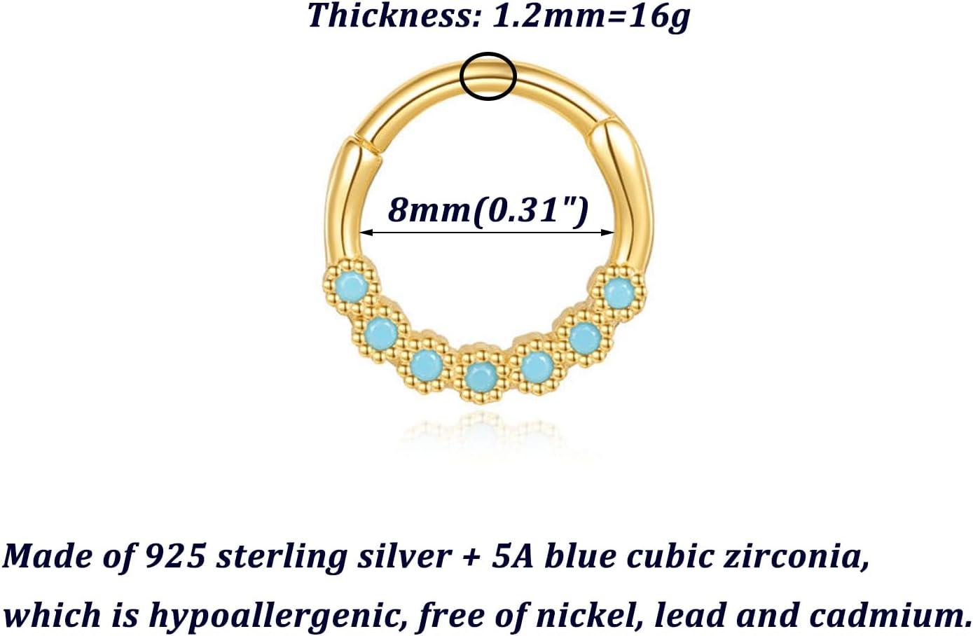 Lantine Blue Cz Septum Daith Piercing Jewelry Gold Septum Ring 925 Sterling Silver Daith Earrings Hinged Clicker Helix Tragus Piercing Jewelry Cartilage Hoop Earrings 16g 8mm - Image 8