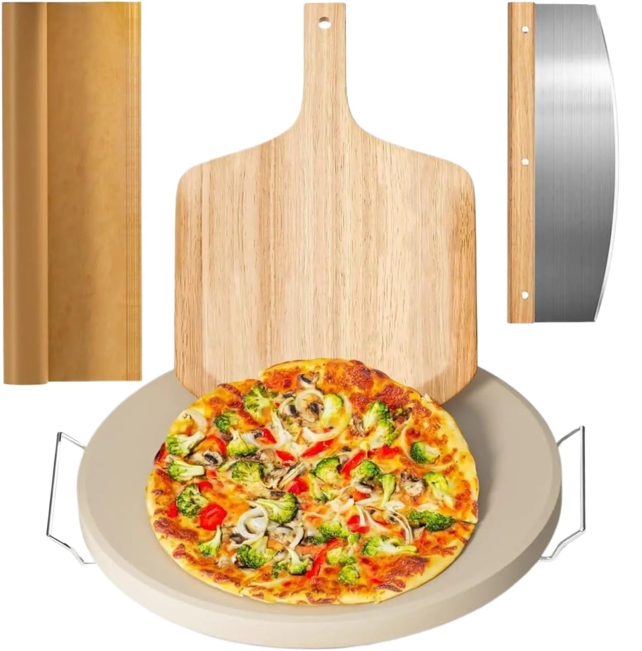Juego de piedras for Pizza grandes, piedra for resistente 16 "para horno y parrilla con asa, cáscara, 1 Para Base Crujiente