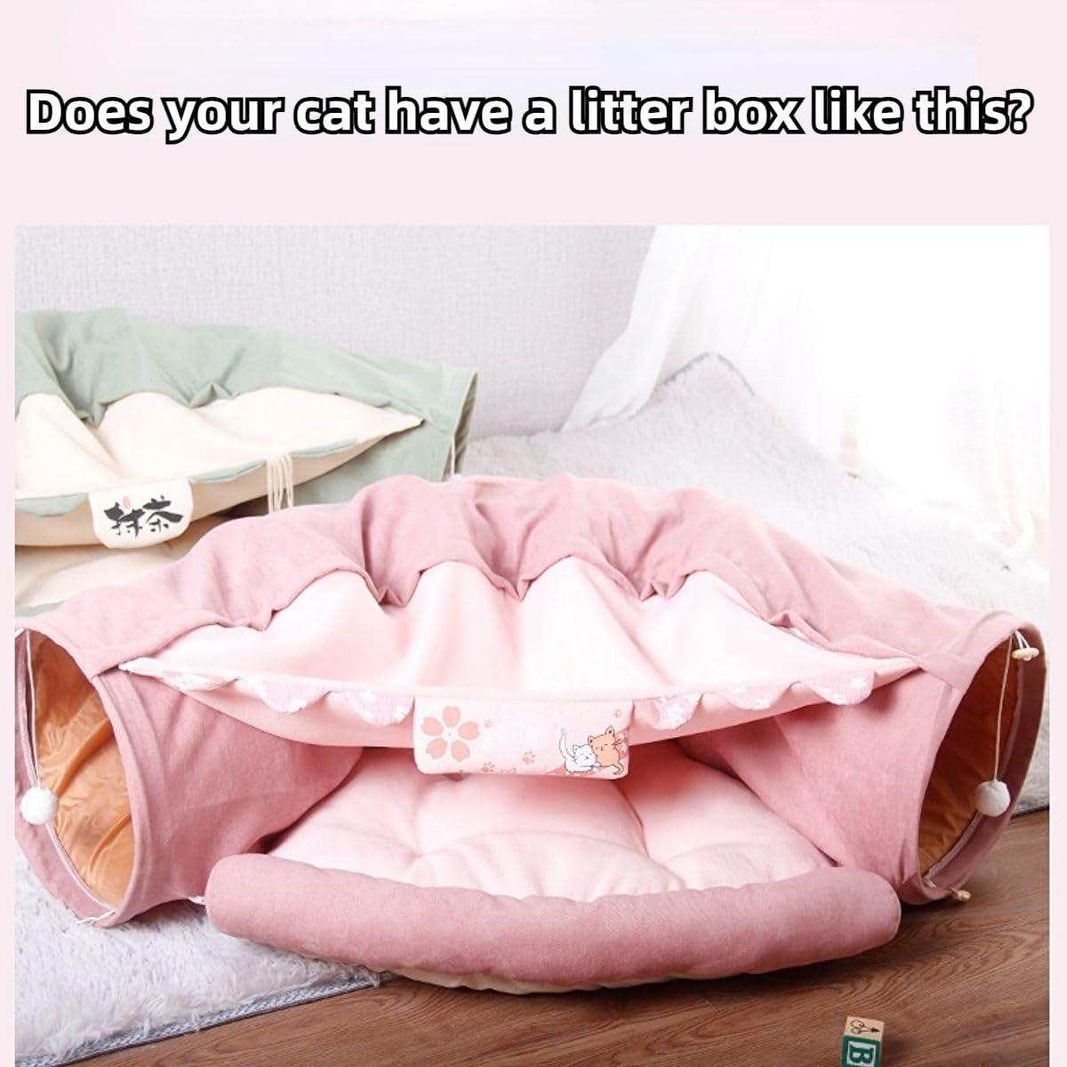 2 in 1 Cat Tunnel Bed Tube with Cushion and Plush Ball Toy Playground Crinkle Collapsible for Large Cats Kittens Kitty Puppy Small Dog Foldable Soft Pet Play Bed Indoor Outdoor (Yellow)