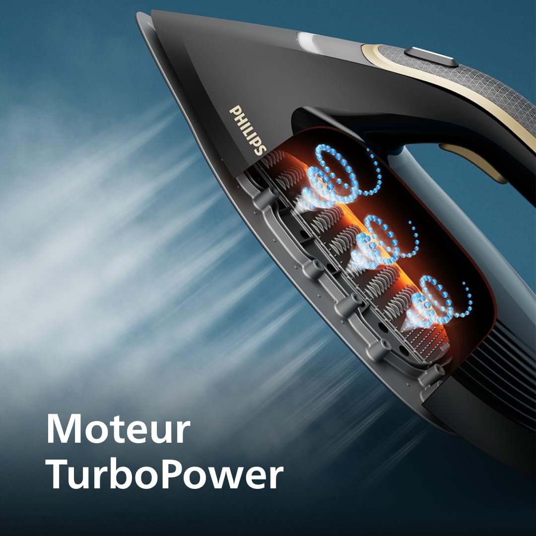 PHILIPS Centrale vapeur PerfectCare Série 7000-2850W, Pressing 650 g/min, 8.5 Bars, Technologie OptimalTEMP, Réservoir 1,5L, Semelle SteamGlide Elite, Vapeur Intelligente, Noir/Doré (PSG7300/80)