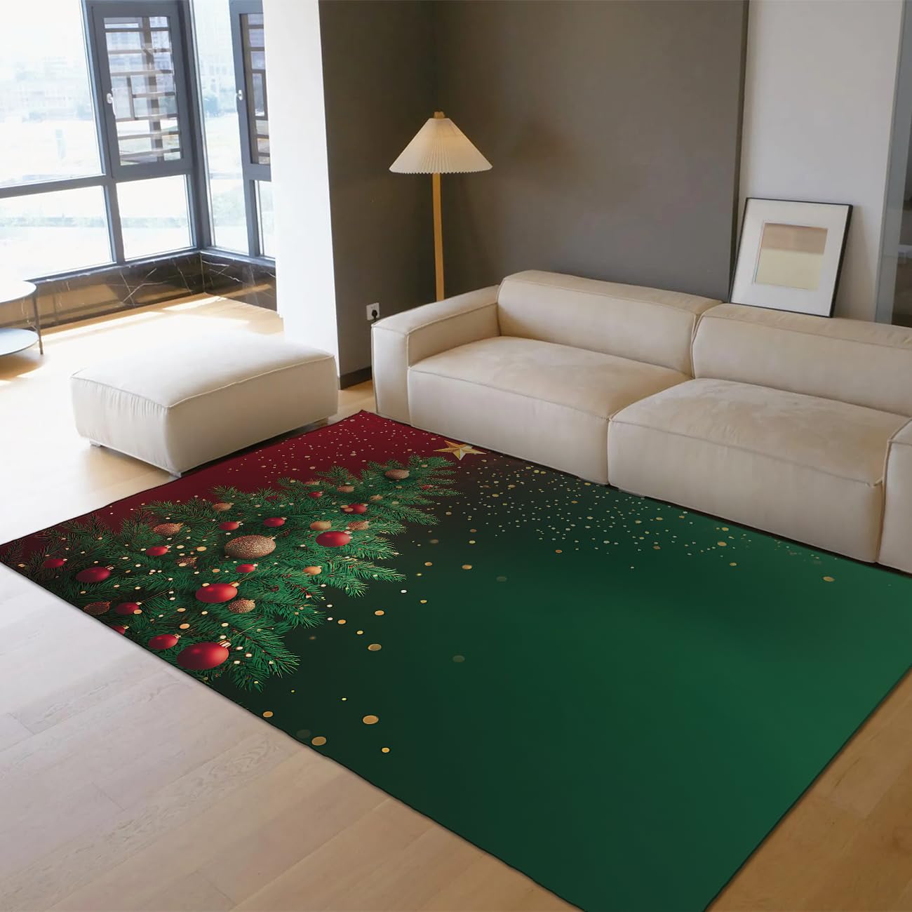 Czerwony i zielony 160 x 220 cm Dywan Kolorowy obszar Bombki Boże Narodzenie Wzór Choinka Przytulne Dywany Podłoga Zmywalna Niska Stos do Salonu Sypialni