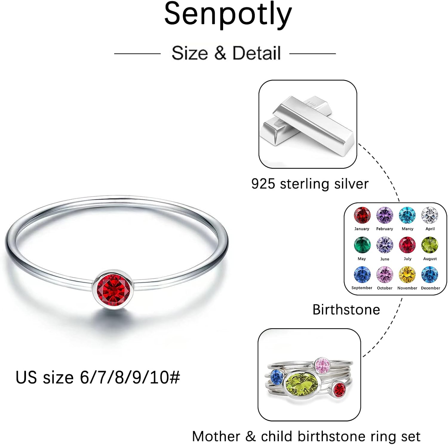 925 Sterling Silver Mother Daughter Birthstone Stackable Rings Set Mother Ring with Birthstone Mother Daughter Family Ring Mother's Day Jewelry Gifts for Wife