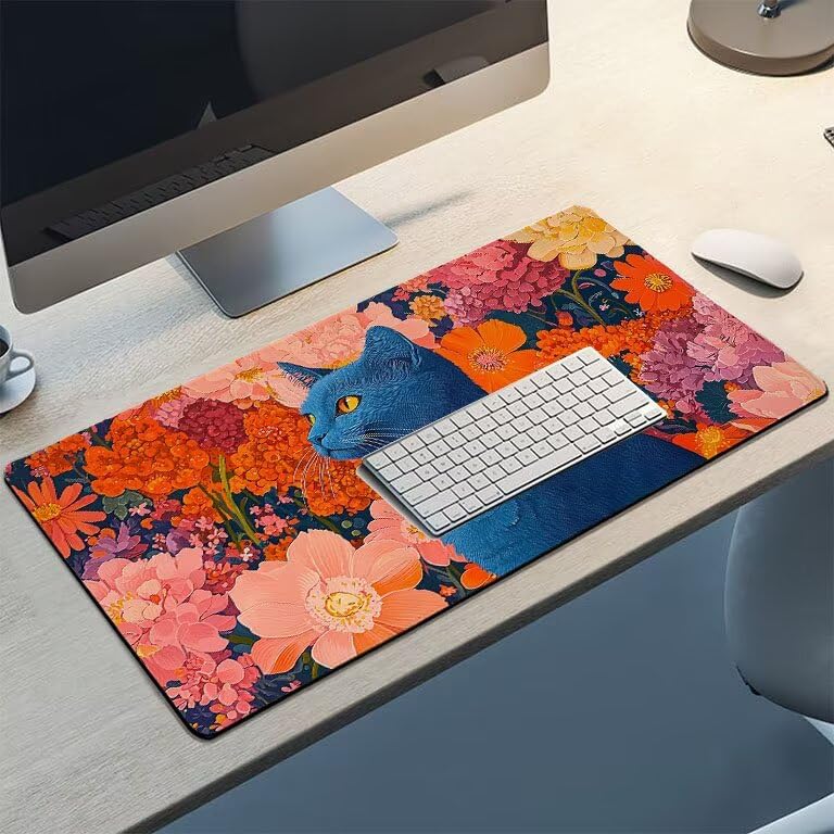 Tappetino Mouse Gaming XXL 1600 x 800 mm Tappetino Antiscivolo Sottomano Da Scrivania Per Mouse e Tastiera, Con Base In Gomma Antiscivolo, Lavabile, Mouse Pad Gatto Fiori, Regalo per Uomo L-717