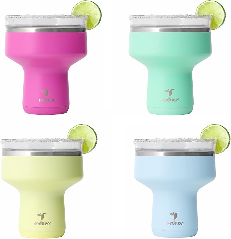 REDUCE Saltini 16oz Margarita Tumbler - Insulated Cocktail Glass - 4 Pack | 360 sippable martini glass alternative, keeps drinks cold for 10 hours, multicolor,saltable splash-proof lid,cocktail tumbler