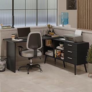 Mesa de Escritório em L 3 Gavetas Preto Lisboa Madesa