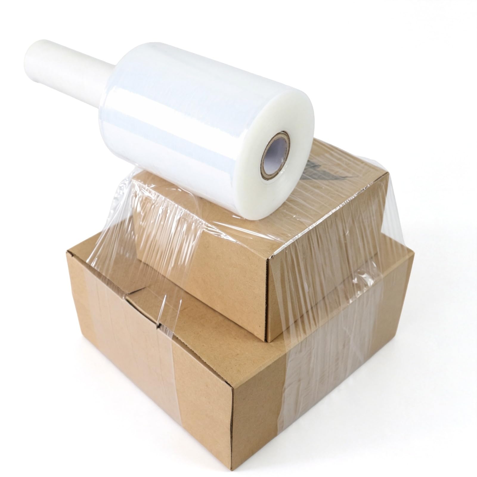 BOMEI PACK Pellicola estensibile in miniatura con maniglia, confezione da 4,10 x 305 m, pallet wrap trasparente autoadesivo, pellicola in plastica, retrattile per stoccaggio, imballaggio in movimento