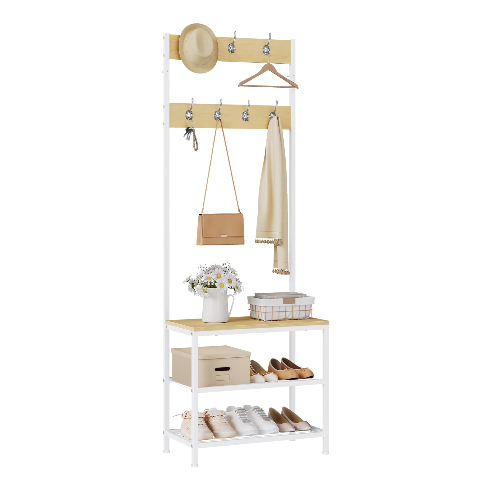 WOLTU Appendiabiti Panca Porta Scarpe 3 in 1, Scaffale per Scarpe a 2 Livelli con Sedile e 7 Ganci, per Corridoio/Ingresso, Metallo + Legno Ingegnerizzato, Bianco + Rovere Chiaro, 60x31,5x170cm