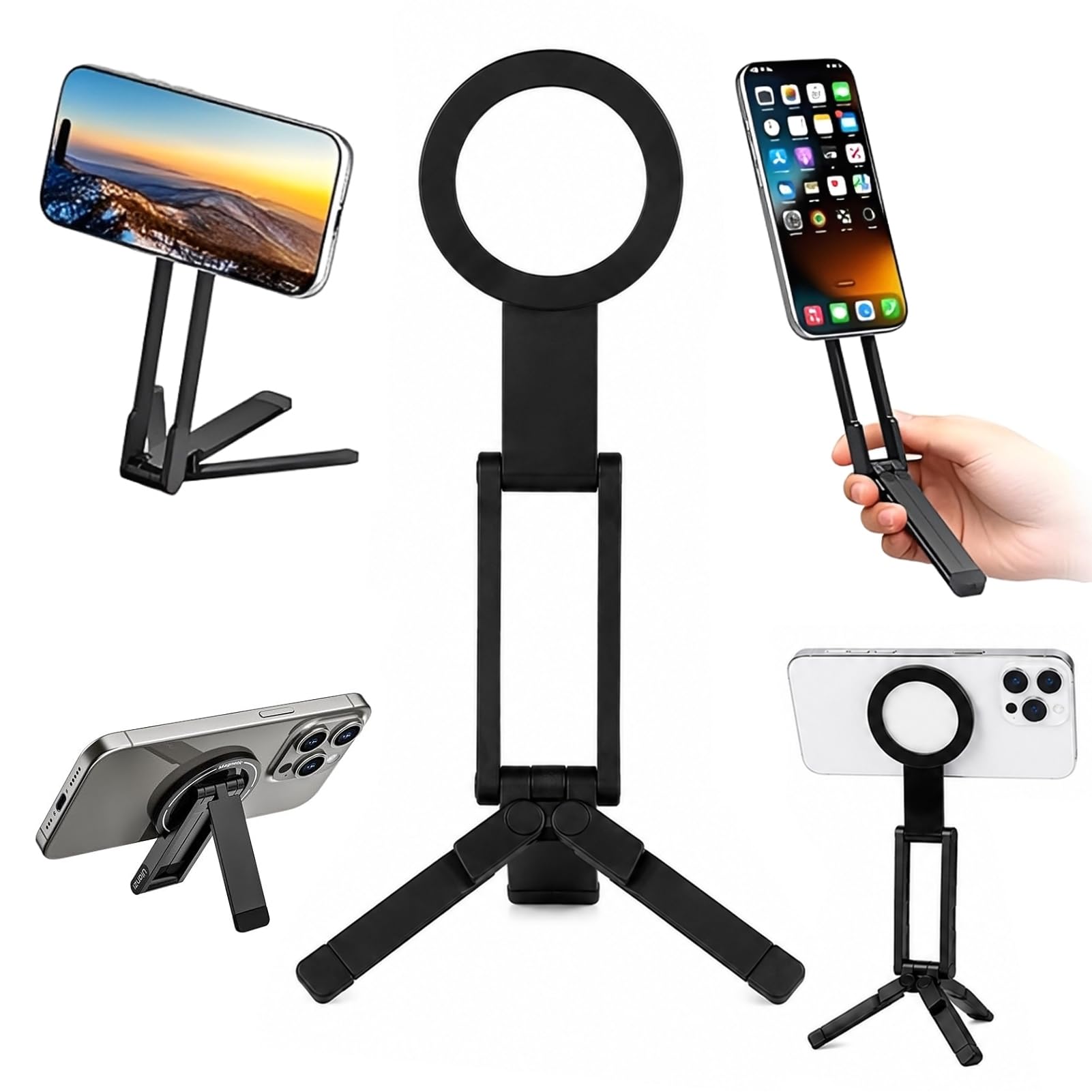 Phone Stand,360°Rotating for Magsafe Tripod,Phone Tripod,Selfie Stick for iPhone,Phone Stand for Desk,Magnetic Phone Stand Foldable Cell Phone Stand Fits Gym, Travel Essentials Accessories(Plastic)