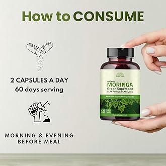 Hebhac Herbs Organic Moringa Capsules 120 Capsules 1000mg – Metabolism, & Immune Support Nutrient-Rich superfood | Non GMO and Gluten Free