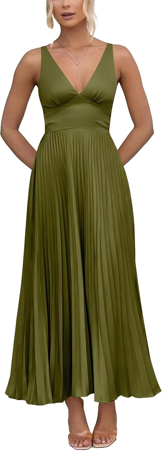 Women's Pleated Bridesmaid Dresses for Wedding V Neck Adjustable Straps Maxi Formal Party Dress - Image 2