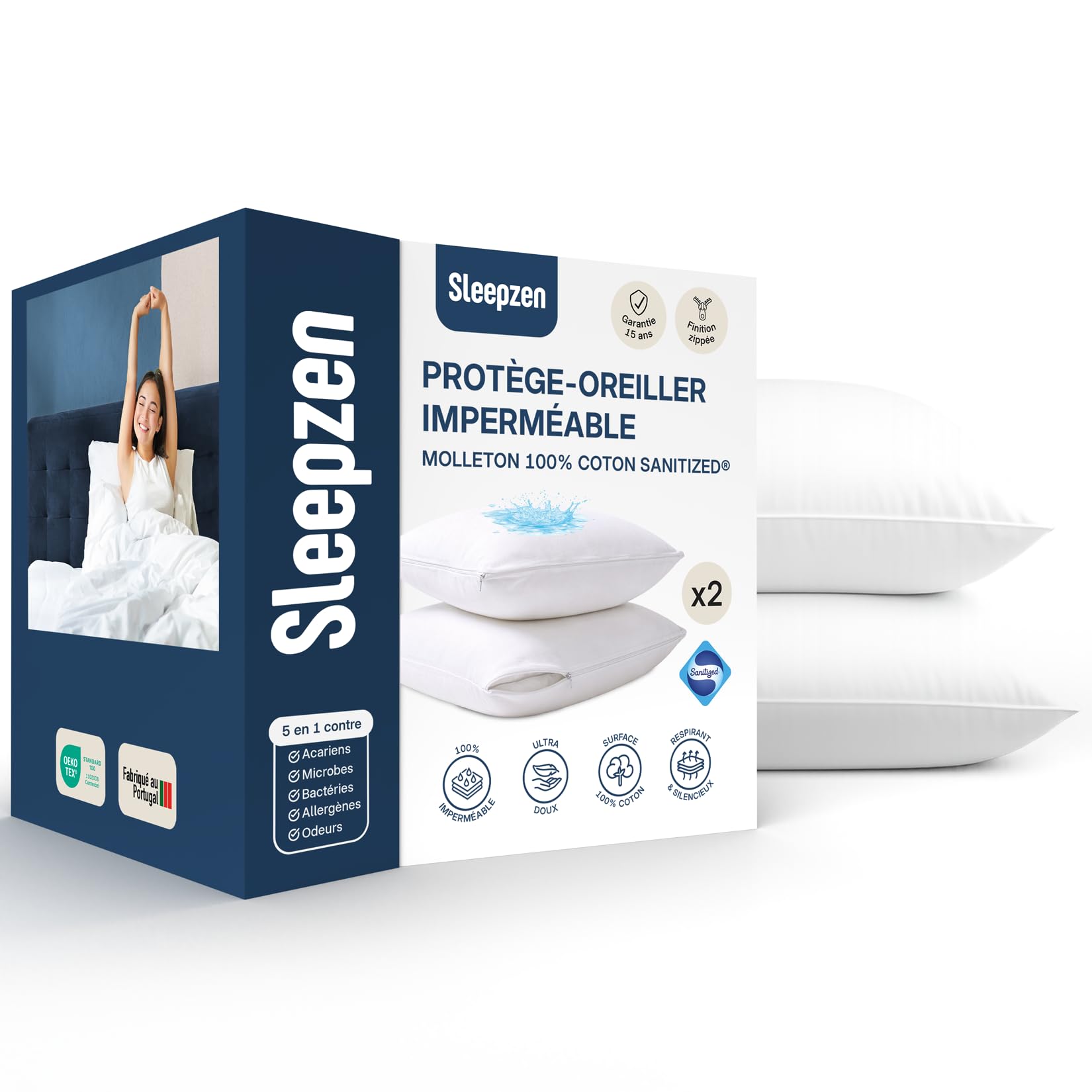 Protège oreiller 50x50 imperméable en coton avec fermeture zip (lot de 2) - SLEEPZEN