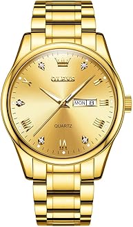 OLEVS Men's Watches Large Face Three Hands Quartz Watch for Men Yellow Gold Face Casual Stainless Steel Band Men's Diamond Watches with Date Fashion Analog Roman Numerals Mens Dress Watch for Father