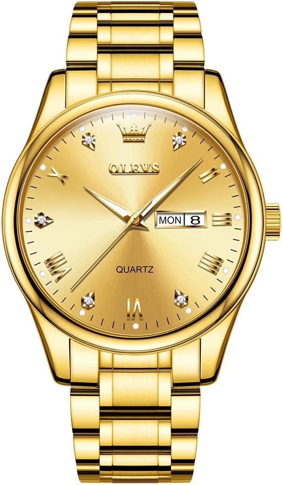 Men's Watches Large Face Three Hands Quartz Watch for Men Yellow Gold Face Casual Stainless Steel Band Men's Diamond Watches with Date Fashion Analog Roman Numerals Mens Dress Watch for Father