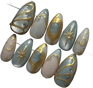Divine by Mirva Handmade Celestial Press On Nails Set | Blue Shimmer Cat Eye False Nails with Gold Moon & Star Art | Reusa... Price In India