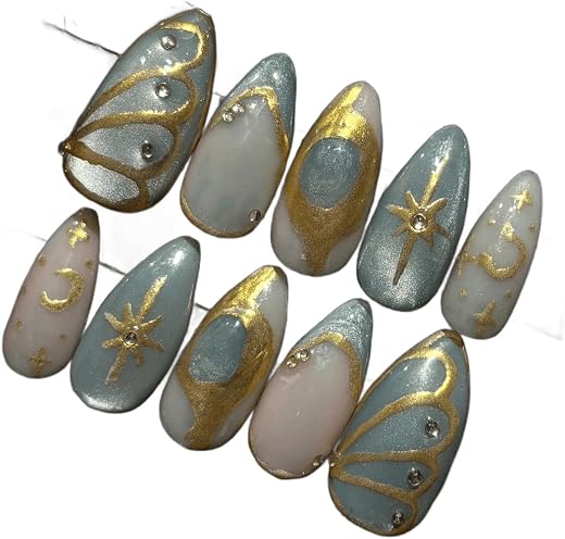 Divine by Mirva Handmade Celestial Press On Nails Set | Blue Shimmer Cat Eye False Nails with Gold Moon & Star Art | Reusa...