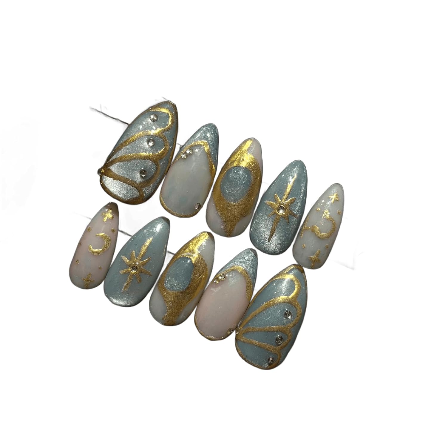 Divine by Mirva Handmade Celestial Press On Nails Set | Blue Shimmer Cat Eye False Nails with Gold Moon & Star Art | Reusa... - Review, Price and Buying Guide