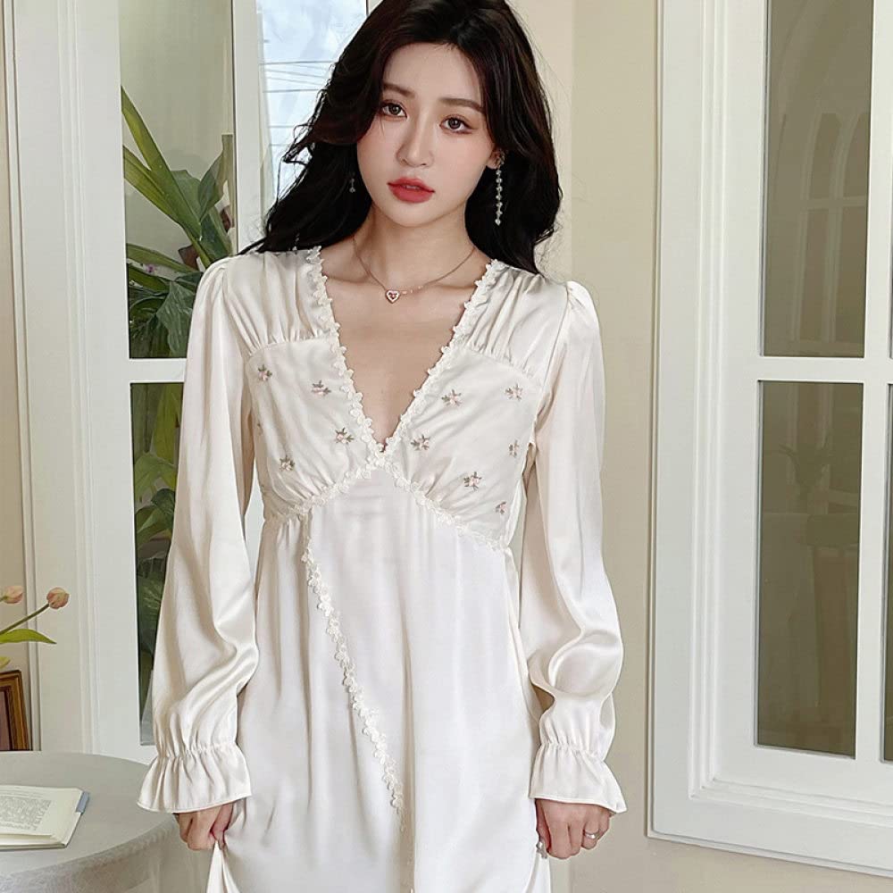 Nachthemd,Damen-Nachthemden, Beige, Satin, V-Ausschnitt, Florale Spitze, Schlitz, Sexy Schlafhemd, Weiches, Bequemes, Langärmliges Nachthemd, Loungewear Für Damen, Mädchen, Pyjama-Party, Weihnach