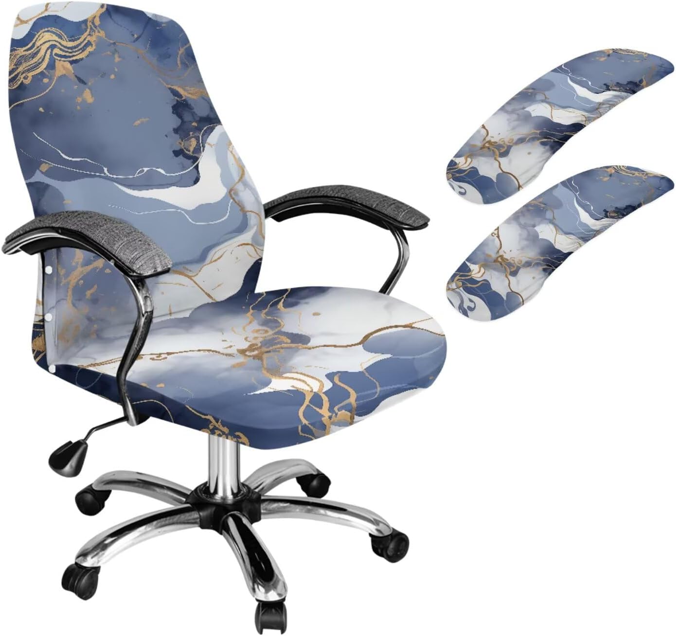 Grey Marble Print Office Chair Cover, Modern Rotating Chair Cover Washable Office Desk Chair Seat Cover with Arm Covers for Anti-Dust High Back Chair Slipcover-S