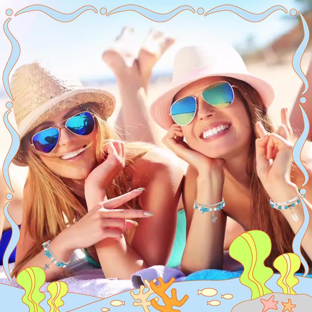 SUNNYCLUE Juego de 7 pulsera de Tortuga Marina con Turquesas para Mujer, Estilo Océano, Verano, Hawái, Concha de Cauri, Cuentas de Cristal Turquesa, Estilo Tibetano, Playa, Multihebra, Joyería de la A