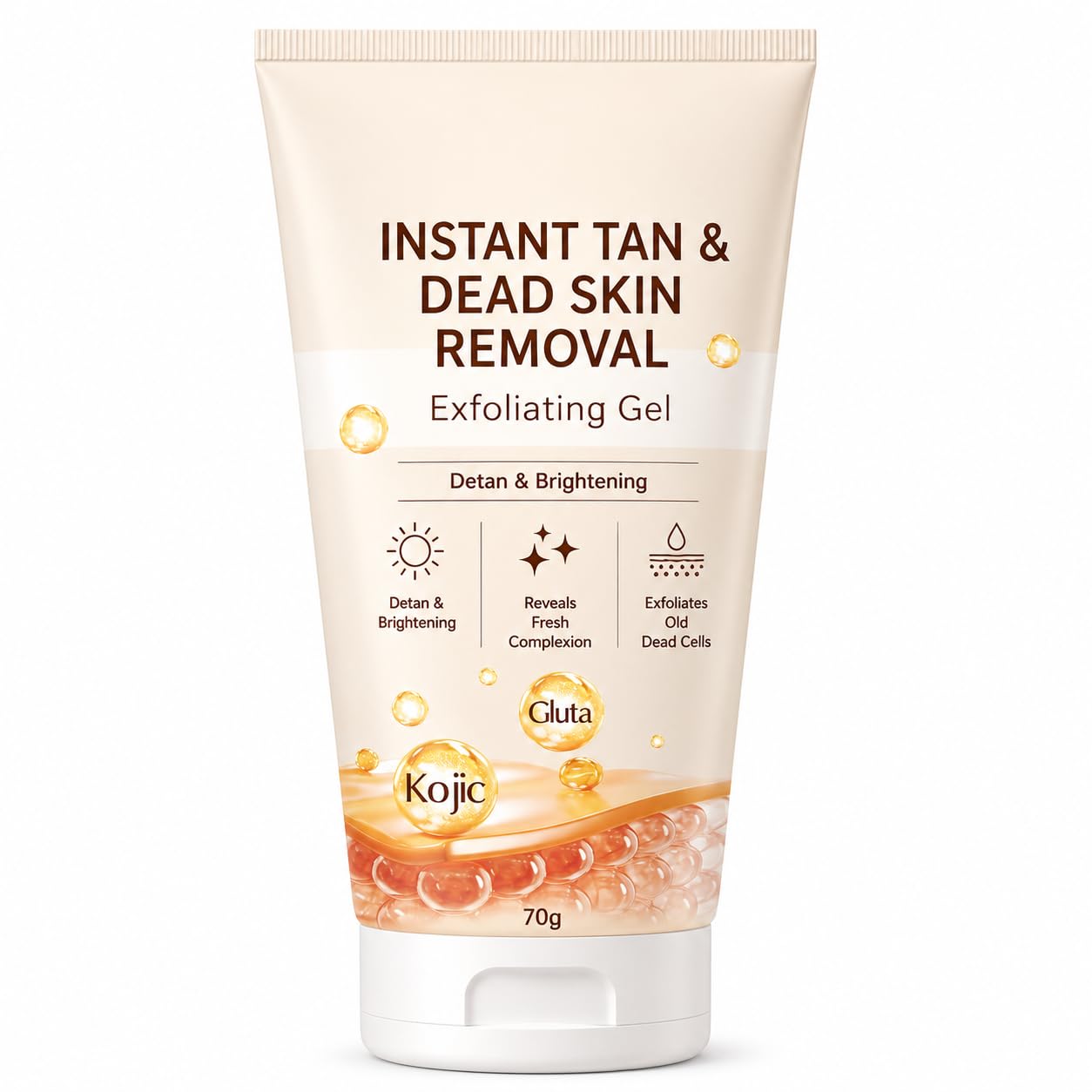 instant tan & dead skin removal exfoliating gel (70g) - enriched with kojic acid & glutathione | detan & skin brightening gel for all skin types (pack of 1)