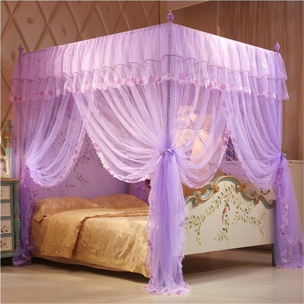 Four Corner Bed Curtains, Bedspreads with Lace, Bed Canopy with Brackets, Decorative Bed Curtains Canopy, Suitable for Bedrooms, Hotels(Beige)