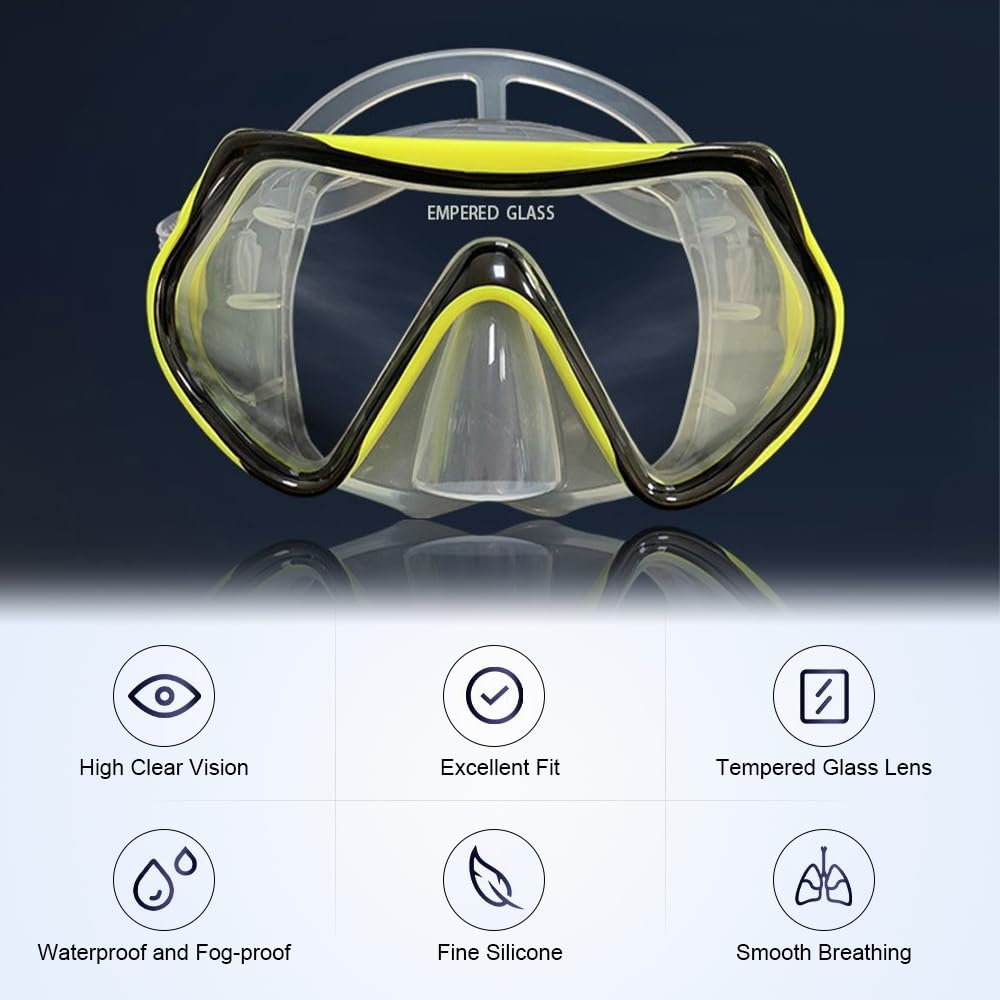 Matybobe Gafas de buceo de tres ventanas de alta transparencia con esnórquel de secado completo y aletas ajustables para hombres y mujeres, equipo de buceo