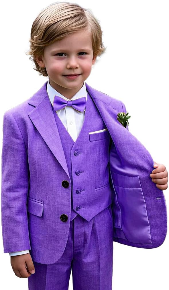 Boys Linen Suit Kids Wedding Ring Bearer Outfit 3 Piece Vest Jacket Pants Suit Set