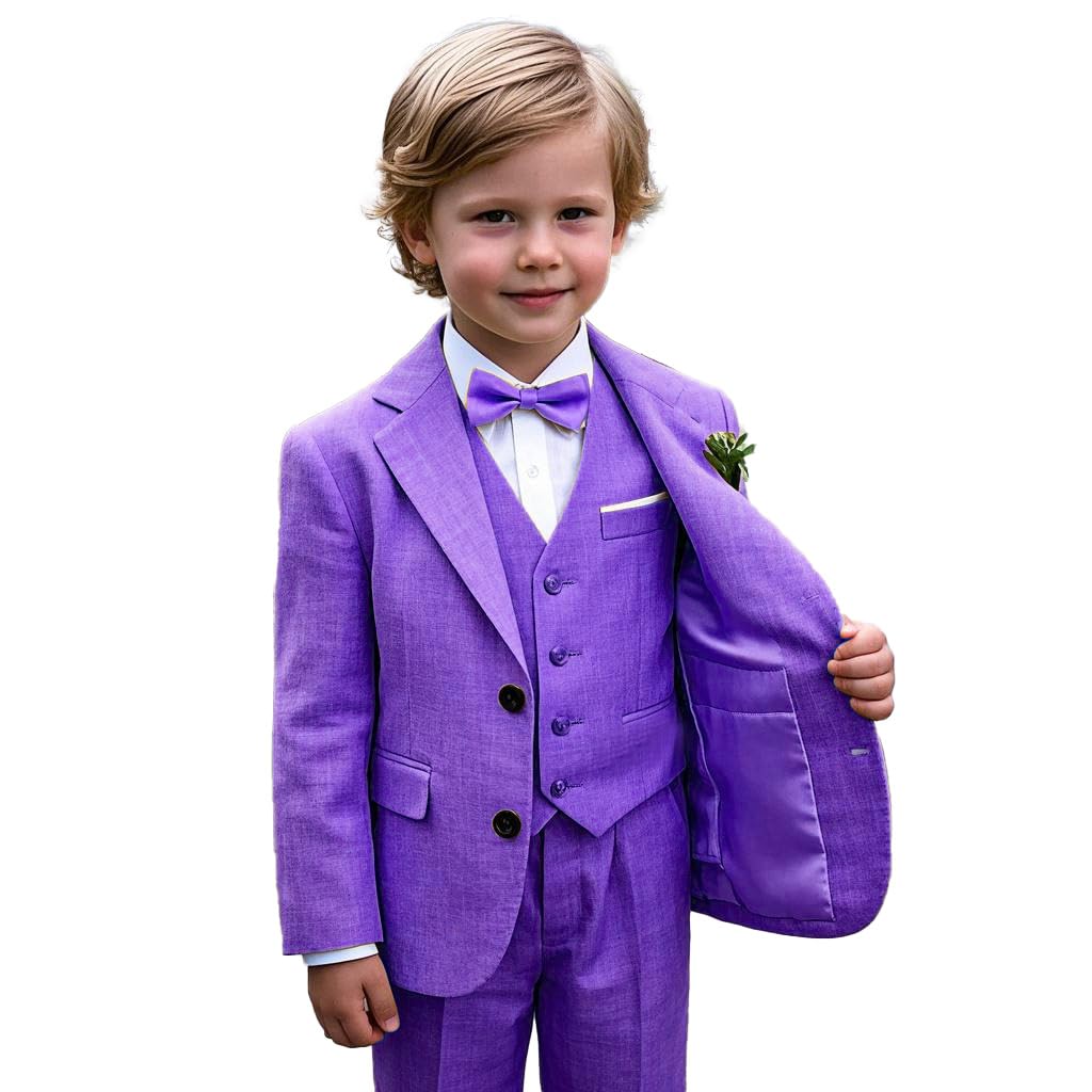 Traje de lino para niños, conjunto de 3 piezas para portador de anillos de boda, chaleco, chaqueta, pantalones