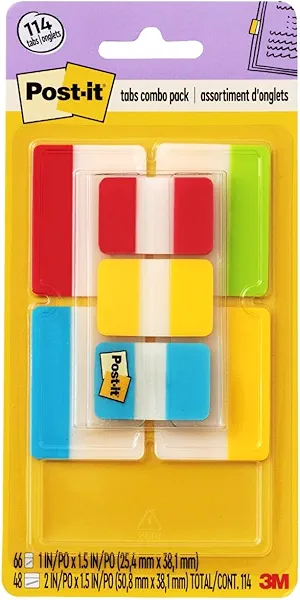 Post-it Tabs Value Pack, Assorted Primary Colors, 1 in and 2 in Sizes, 114 Tabs/Pack (686-VAD2)
