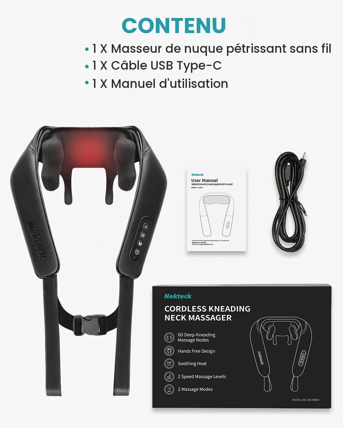 Nekteck Masseur Cervical Sans Fil, Massage Dos et Cou avec Chauffage, Appareil de Massage Électrique Shiatsu 6d pour Les Tissus Profonds et Dos, Cadeaux pour Meres Papa Femme Homme, Noir
