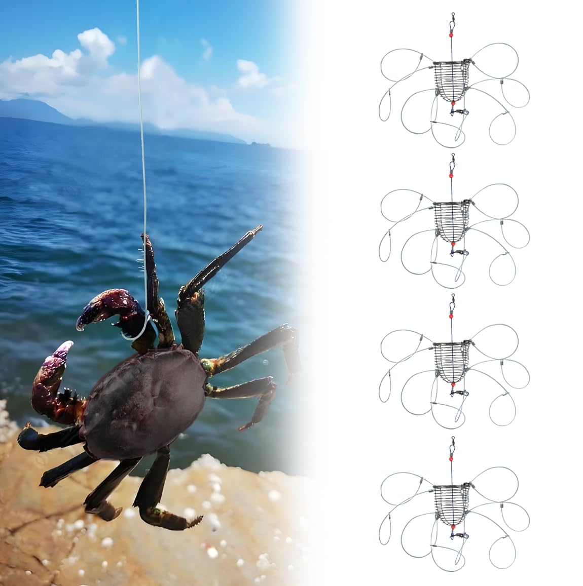 4Pcs Stainless Steel Crab Snare Traps with 8 Loops,Crab Traps for Blue Crabs/Red Crab/Rock Crab,Crab Snare for Fishing Rods, Crabbing Equipment